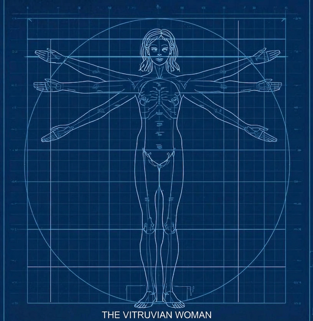 Blueprint of the human body, like davinci vitruvian man, but a female, and blue